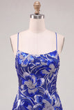 Blauwe bodycon spaghettibandjes met pailletten versierde homecoming-jurk met veter op de rug