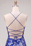 Blauwe bodycon spaghettibandjes met pailletten versierde homecoming-jurk met veter op de rug