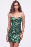 Strapless groene bodycon pailletten korte homecomingjurk met veter op de rug