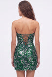 Strapless groene bodycon pailletten korte homecomingjurk met veter op de rug