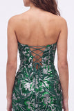Strapless groene bodycon pailletten korte homecomingjurk met veter op de rug