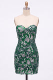 Strapless groene bodycon pailletten korte homecomingjurk met veter op de rug