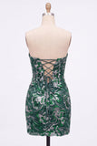 Strapless groene bodycon pailletten korte homecomingjurk met veter op de rug