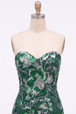 Strapless groene bodycon pailletten korte homecomingjurk met veter op de rug