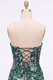 Strapless groene bodycon pailletten korte homecomingjurk met veter op de rug