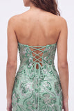 Strapless groene bodycon pailletten korte homecomingjurk met veter op de rug