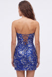 Strapless groene bodycon pailletten korte homecomingjurk met veter op de rug