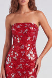 Sprankelende rode strapless bodycon pailletten korte 80s homecomingjurk