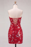 Sprankelende rode strapless bodycon pailletten korte 80s homecomingjurk