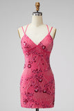 Fuchsia Bodycon vetergeknoopte achterrug bloemen korte homecomingjurk met pailletten