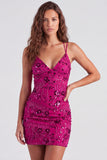Fuchsia Bodycon vetergeknoopte achterrug bloemen korte homecomingjurk met pailletten