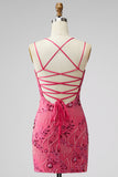 Fuchsia Bodycon vetergeknoopte achterrug bloemen korte homecomingjurk met pailletten