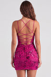 Fuchsia Bodycon vetergeknoopte achterrug bloemen korte homecomingjurk met pailletten