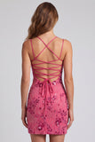 Fuchsia Bodycon vetergeknoopte achterrug bloemen korte homecomingjurk met pailletten