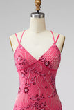 Fuchsia Bodycon vetergeknoopte achterrug bloemen korte homecomingjurk met pailletten