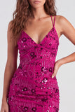 Fuchsia Bodycon vetergeknoopte achterrug bloemen korte homecomingjurk met pailletten