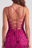 Fuchsia Bodycon vetergeknoopte achterrug bloemen korte homecomingjurk met pailletten