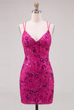 Fuchsia Bodycon vetergeknoopte achterrug bloemen korte homecomingjurk met pailletten