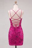 Fuchsia Bodycon vetergeknoopte achterrug bloemen korte homecomingjurk met pailletten