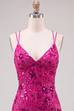 Fuchsia Bodycon vetergeknoopte achterrug bloemen korte homecomingjurk met pailletten
