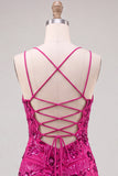 Fuchsia Bodycon vetergeknoopte achterrug bloemen korte homecomingjurk met pailletten