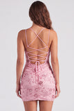 Fuchsia Bodycon vetergeknoopte achterrug bloemen korte homecomingjurk met pailletten