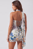 Strapless ivoor bloemen bodycon korte homecomingjurk met kant op de rug