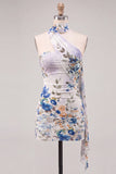 Strapless ivoor bloemen bodycon korte homecomingjurk met kant op de rug