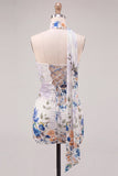 Strapless ivoor bloemen bodycon korte homecomingjurk met kant op de rug