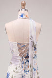 Strapless ivoor bloemen bodycon korte homecomingjurk met kant op de rug