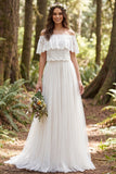 Off-the-shoulder ivoorkleurige A-lijn lange tule trouwjurk