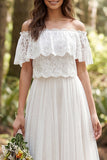 Off-the-shoulder ivoorkleurige A-lijn lange tule trouwjurk