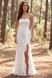 Strapless Ivory Zeemeermin Kant Lange Trouwjurk met ruches en split