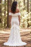 Off-the-shoulder ivoorkant zeemeermin lange trouwjurk met ruchesplit