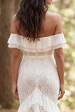 Off-the-shoulder ivoorkant zeemeermin lange trouwjurk met ruchesplit