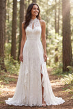 Halter Ivory Lace lange A-lijn trouwjurk met split