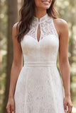 Halter Ivory Lace lange A-lijn trouwjurk met split