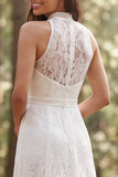 Halter Ivory Lace lange A-lijn trouwjurk met split
