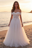 Ivoor A-lijn off-the-shoulder korset lange tule trouwjurk