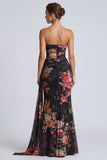Zwarte strapless zeemeermin, gerimpelde, bloemenlange formele jurk met sjerp
