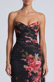 Zwarte strapless zeemeermin, gerimpelde, bloemenlange formele jurk met sjerp