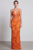 Zeemeermin Oranje Bloemenpailletten Spaghetti Bandjes Lange formele jurk