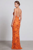 Zeemeermin Oranje Bloemenpailletten Spaghetti Bandjes Lange formele jurk