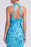 Roze halter hals zeemeermin bloemen lange formele jurk met split