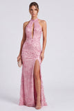 Roze halter hals zeemeermin bloemen lange formele jurk met split