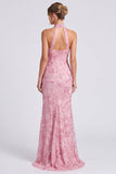Roze halter hals zeemeermin bloemen lange formele jurk met split