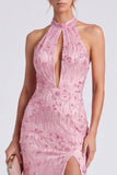 Roze halter hals zeemeermin bloemen lange formele jurk met split