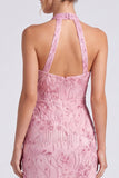 Roze halter hals zeemeermin bloemen lange formele jurk met split