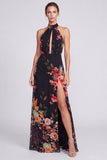 Halter hals Zwarte Zeemeermin Bloemen Chiffon Lange formele jurk met split