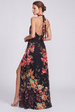 Halter hals Zwarte Zeemeermin Bloemen Chiffon Lange formele jurk met split